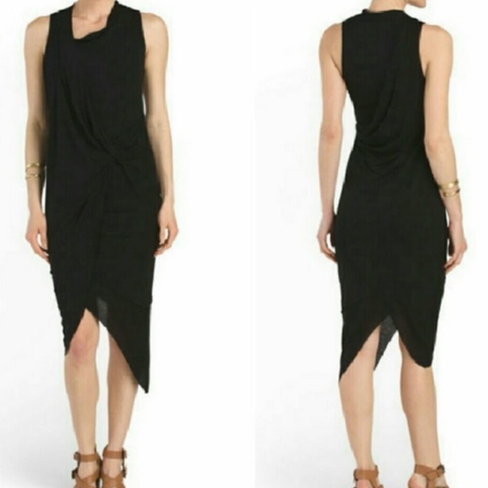 Helmut Lang $495 Asymmetrical Drape Jersey Dress Size XS Black Midi High Low